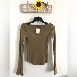 FREE PEOPLE We The Free Soul Sister Top-Size XS-Olive Ribbed Long Sleeve Tee-NWT